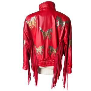 Augustina Carmel By The Sea Vintage Red Leather Jacket Fringe Horse Size Small